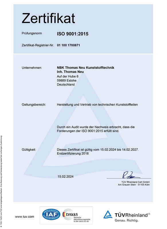 Zertifikat DIN EN IS 9001:2015 DE